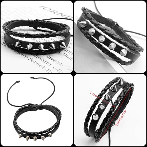 4 Pcs Leather Studded Bracelets for Women, Mens Spiked Punk Rock Grunge Cuff Wristbands Emo Accessories Set for 80s 90s Outfits2