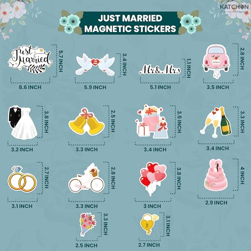 Image of KatchOn, Just Married Car Magnets - Pack of 15 | Just Married Banner for Wedding Decorations | Wedding Car Decoration Kit | Multicolor Magnetic Sticker for Annversary Decor, Just Married Fridge Magnet
