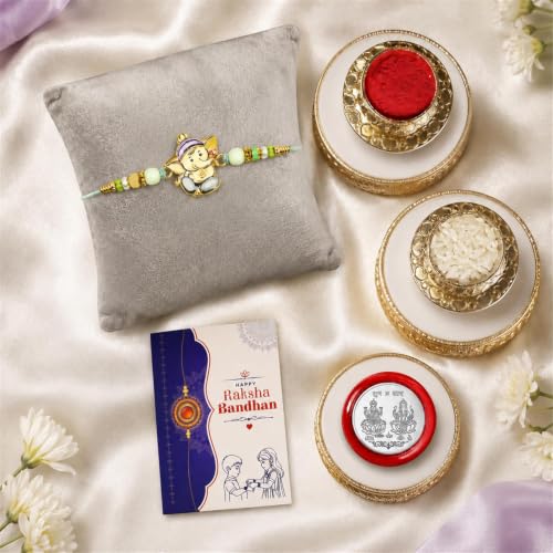Image of Oblivion Rakhi For Brother - Elegant Stylish God Designer Rakhi with Beads and Silver Colour Pooja Coin, Tilak Set & Greeting Card - Traditional Raksha Bandhan Combo for Bhai