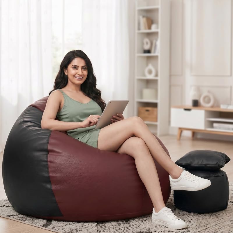 Image of Biggie Bean Bag 7XL Bean Bag Chair with Beans Filled - The Classics Bean Bag Sofa - Combo Set-Styled for Elegance with Free Cushion & Footrest (Matching Color : Xenzas Maroon-Black)