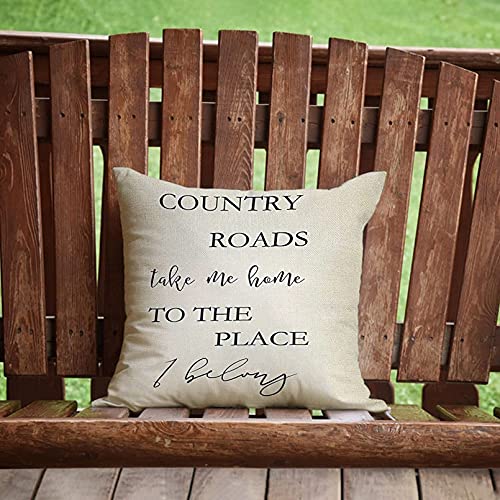 Image of Country Roads Take Me Home Sign Decorative Throw Pillow Cover, Vintage Quote Rustic Home Farmhouse Decorations, Seasonal Housewarming Gift Cushion Case for Sofa Couch Decor Cotton Linen 18 x 18
