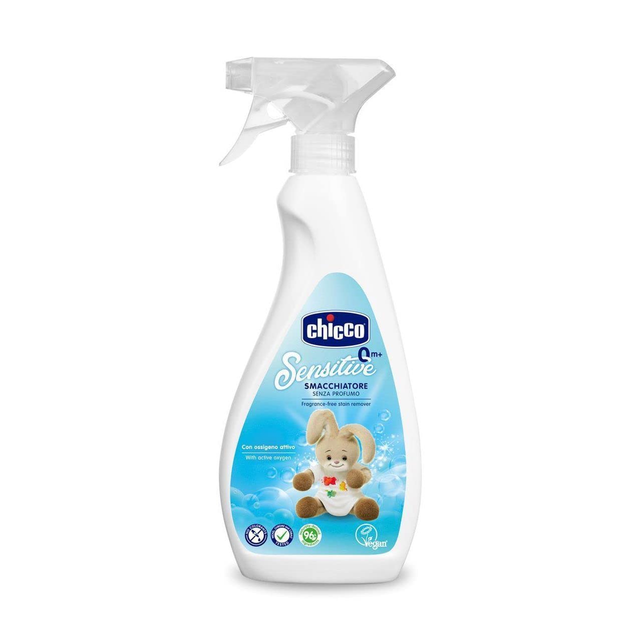 Chicco Sensitive bezzapachowy odplamiacz z aktywnym tlenem, usuwa plamy, nawet do kolorowych tkanin, 0+ miesięcy, 500 ml