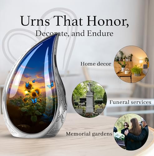 Image of Teardrop Sunflower with Butterfly Urn for Ashes for Women - Blue Urns for Ashes Adult Female Mother - Sunflower Urn for Human Adult Male - Large Decorative Urns for Mom and Dad 10inch