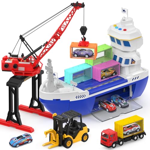 CUTE STONE 2-in-1 Toy Boat & Tower Crane Playset, Cargo Ship with Lights/Sounds | Push-Go Transport Ship & Construction Vehicle Toys, Interactive Carrier Boat for Kids Boys Girls