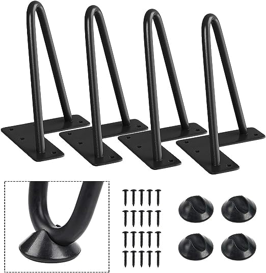 Image of Powder Coated Heavy Duty Hairpin Furniture Legs, Metal Home DIY Projects for Nightstand, Coffee Table, Desk, etc with Rubber Floor Protectors Black (6 inch)