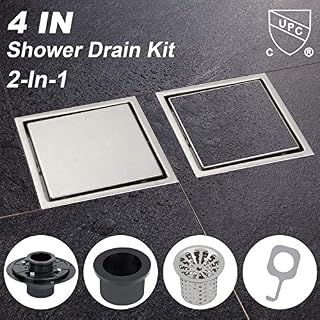 Modbath 4 Inch Square Shower Drain with Drain Base Flange 2" Outlet, Brushed