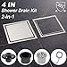 Modbath 4 Inch Square Shower Drain with Drain Base Flange 2" Outlet, Brushed Stainless Steel Finished Quadrate Floor Drain for Bathroom with Tile Insert Cover, Hair Strainer, Threaded Adapter