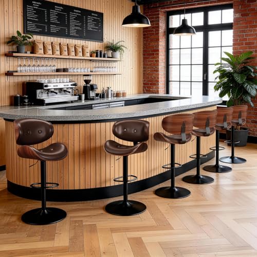 Image of Adjustable Swivel Bar Stools Chair,Counter Height Bar Stools with Back,350 LBS PU Leather Bar Stool for Kitchen Island,Upholstered Pub Stools with Footrest (Brown, Set of 6)