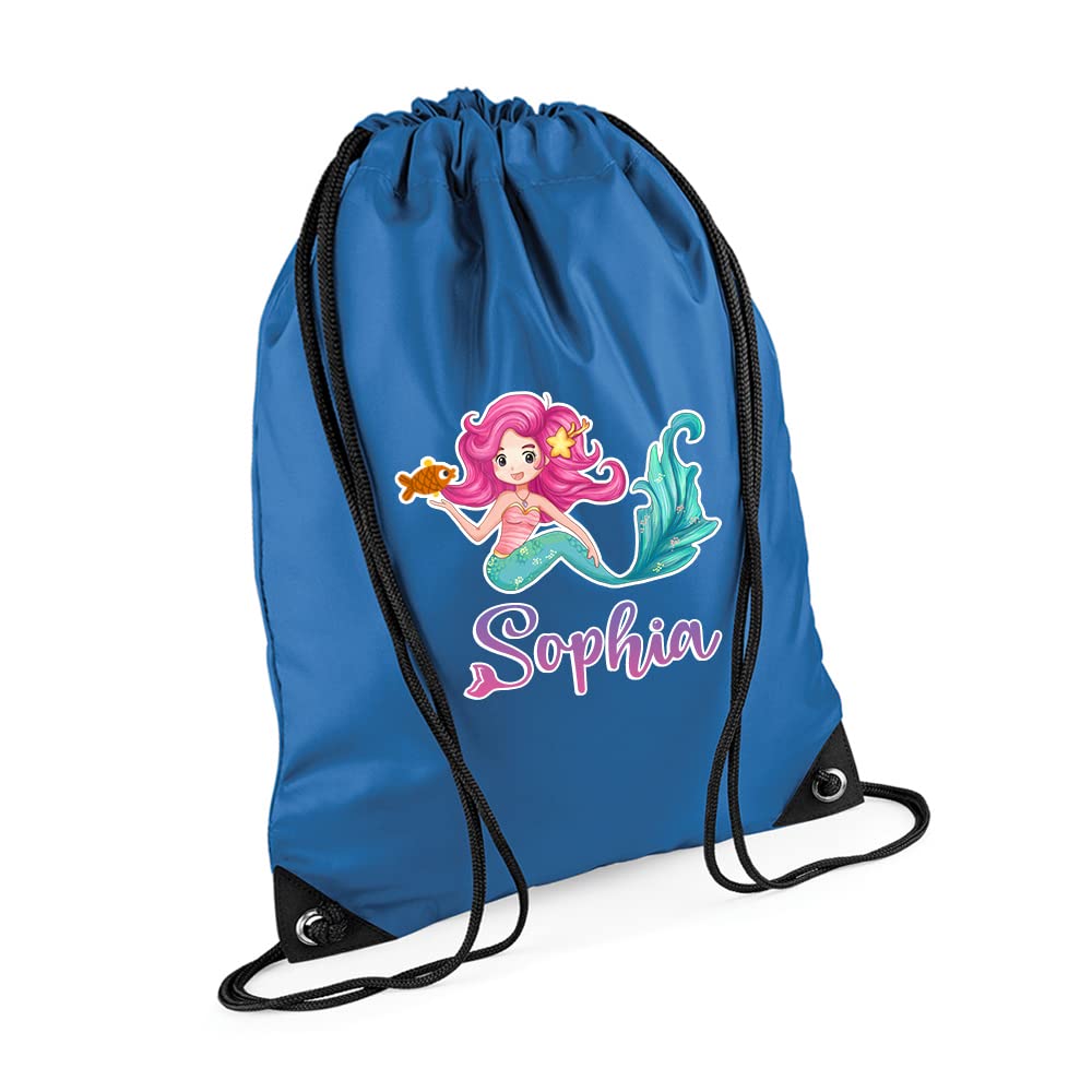 Mermaid Girl Gift Bag Personalised Backpack Mermaid Bag Gift for Kids-Girl Toddlers Birthday Girl Drawstring Bag, PE Gym Kit Swimming, Sport Rucksack. (Sapphire Blue)