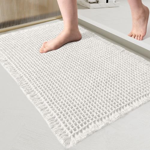 Swsen Tapis de Bain en Coton à Motif Gaufre, Antidérapant et Très Absorbant, Séchage Rapide, Tapis de Salle de Bain Lavable pour Douche et Baignoire,...