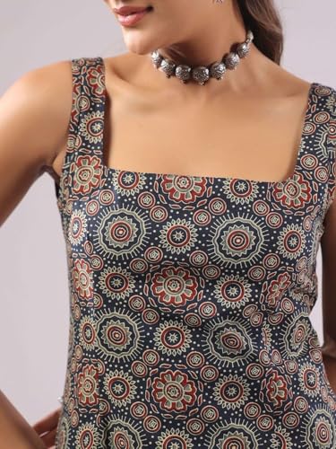 Image of Rimeline Women's Printed Cotton Sleeveless Square Neck Kurti Top | Straight Fit Ethnic Casual Tunic