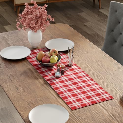 Image of Encasa XO Cotton Table Runner for 4 Seater | Size 13x36 in | Franca Red Checks - Machine Washable & Durable