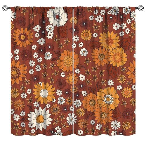 JanJCurt Vintage Hippie Floral Curtains, Boho 70s Retro Groovy Botanical Hippie Flower Power Cute Daisy Blackout Window Drapes for Kids Bedroom Kitchen Cafe Livingroom, 63" W X 63" L