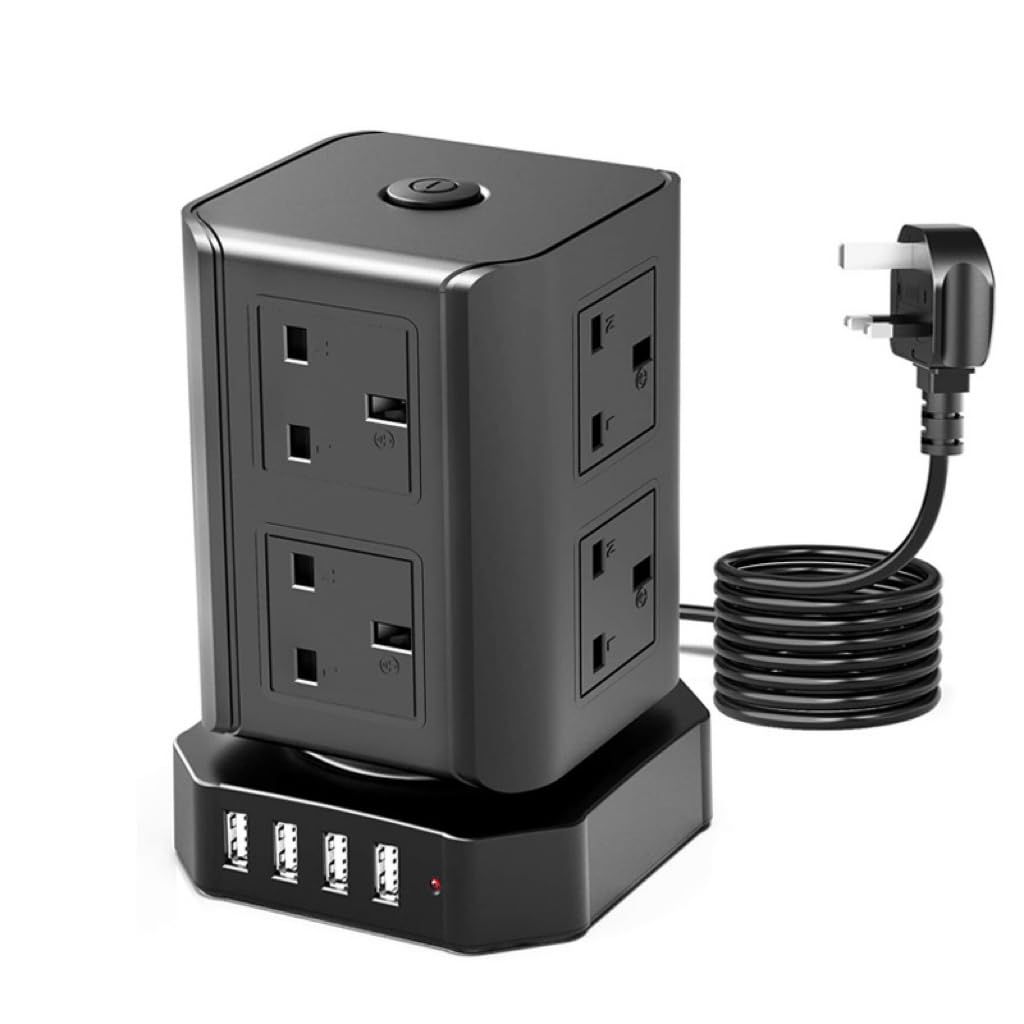FEIAGE Plug Extension Tower 2M Lead Slots with 4 USB Ports and 8 Way Outlets, Fire Retardant Multi-Plug Office Supplies Protected Extension Cord, Stackable Extension Tower for Home, Office, Kitchen