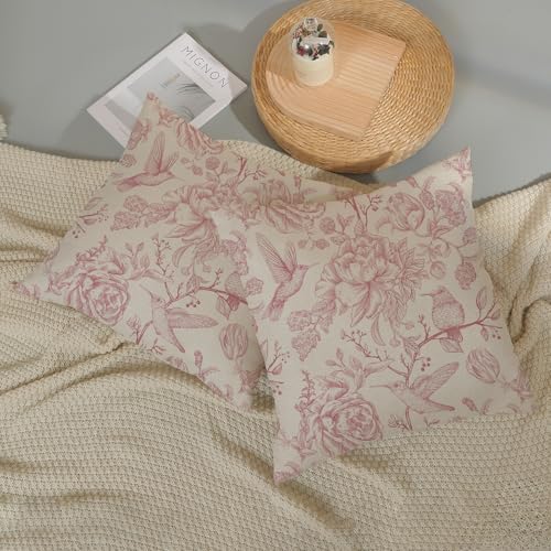Chinoiserie Pink Throw Pillow Covers 18x18 Inch 2 Pcs Vintage Preppy Pink Floral Bird Outdoor Decor Pillow Covers Flower Spring Seasonal Decorative Pillowcase Linen Cushion Cover for Couch Sofa — view 5