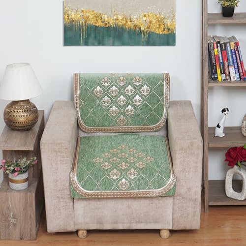 Image of MORADO Chenille 5 Seater Sofa Set Slipcover for Living Room, Drawing Room and Offce (3 Sitting +3 Back Sofa Cover + 2 Sitting + 2 Back Sofa Cover) - Light Green
