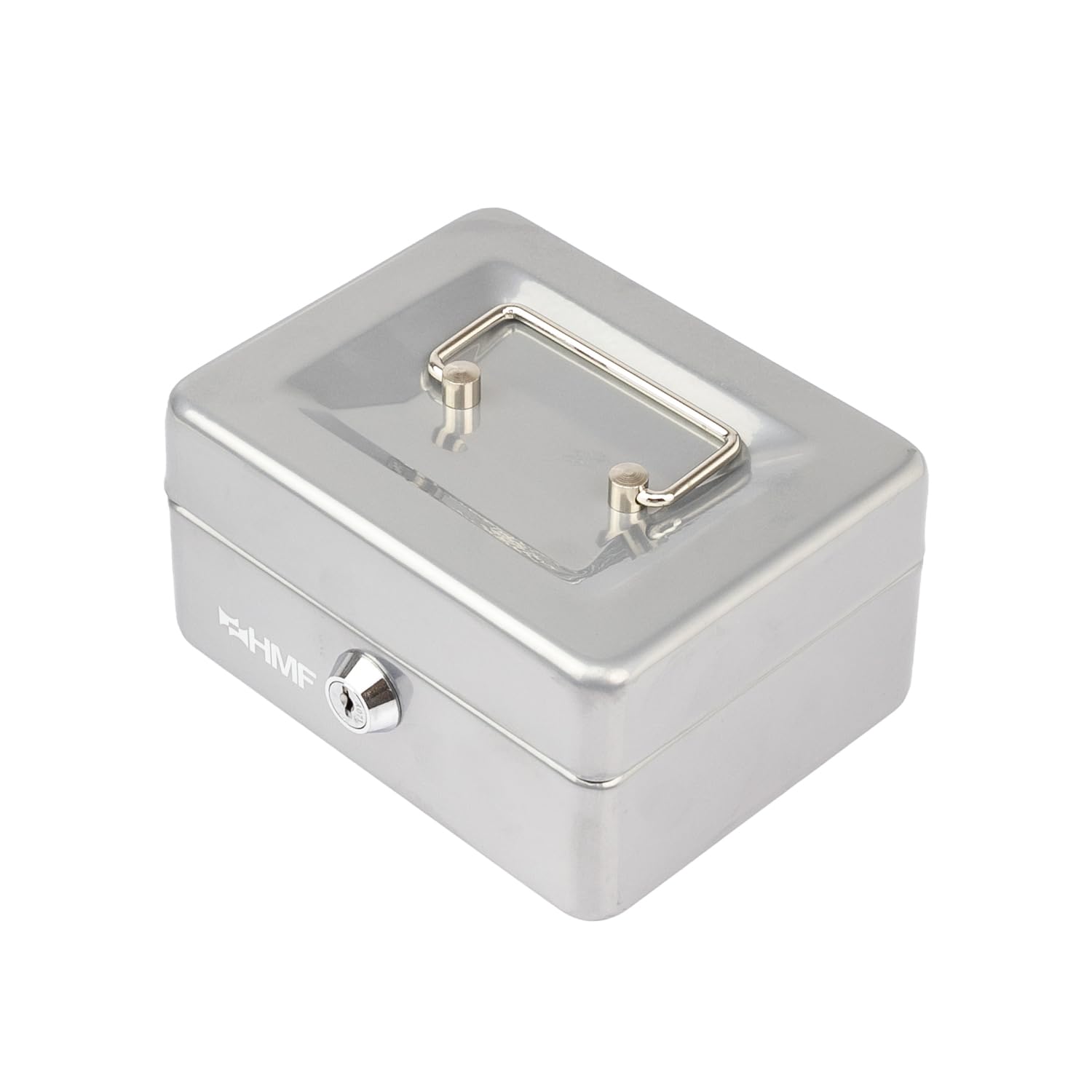 HMF Cassetta portavalori con chiusura a chiave, Cassa con inserto portamonete, 6 scomparti per monete | 15 x 12 x 8 cm | Argento