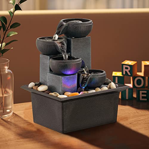 Tabletop Fountain Indoor Mini Waterfall 4-Tier Relaxation Tabletop Fountain Small Indoor Fountain Meditation Fountain Includes Natural River Rocks And Multi-Coloured Lights (Premium Grey) #TOP5