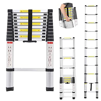 DICN 10.5 Feet Telescoping Ladder Extension Folding Aluminum Ladders Light Weight Retractable Collapsible 330lbs Capacity for Home Office Indoor Outdoor Loft Attic Roof Work DIY Builder
