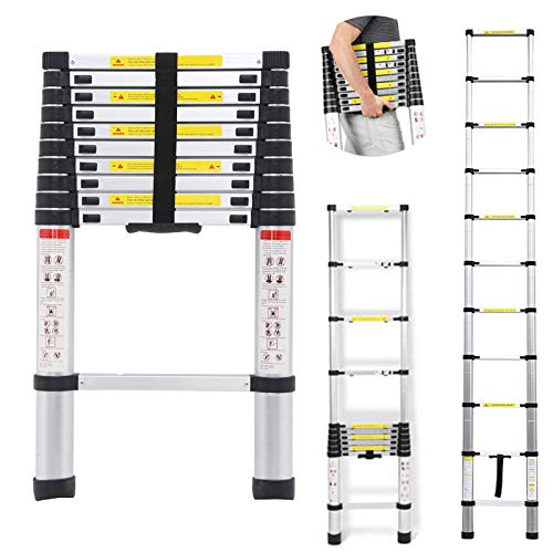 Dicn 10.5 Feet Telescoping Ladder Extension Folding Aluminum Ladders Light Weight Retractable Collapsible 330Lbs Capacity For Home Office Indoor Outdoor Loft Attic Roof Work Diy Builder #TOP14