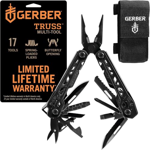 Image of Gerber Gear Truss Multitool, Gifts for Men, 17-in-1 EDC Needle Nose Pliers, includes Pocket Knife, Screwdriver, and Bottle Opener Accessories, Fishing and Camping Gear, Black (Pack of 12)