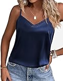 Ekouaer Women's Lace Silk Satin Pajama Tank Tops V Neck Camisole Soft Spaghetti Strap Tops Loose Sleepwear Navy Blue Medium