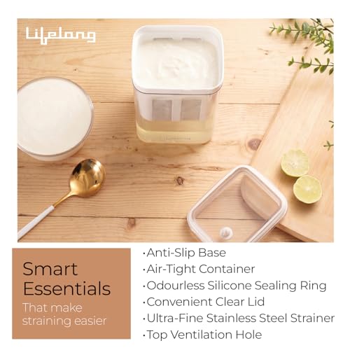 Image of Lifelong 1.1L Hung Curd Maker | Stainless Steel Mesh Filter with Clear Lid | Food Safe, BPA Free, Reusable Container | Multipurpose Greek Yogurt Strainer for Paneer, Cheese, & Sour Cream (White)
