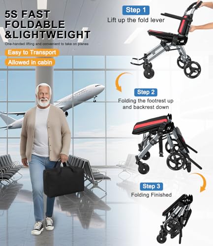 Image of Wheelchairs for Adults,Transport Wheelchair Lightweight Foldable Chairs with Handbrakes,Portable Wheelchair Travel Wheel Chairs for Seniors,Walkers for Seniors Support 300lbs(Blue)
