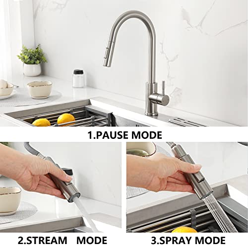 Satico Single One Hole Single Handle Kitchen Faucet Brushed Nickel Faucet With Pull Down Sprayer Sink Faucet F80105Bn Modern Contemporary Faucet In Stainless Steel & Brass Cupc Nsf Cec Certified #TOP2