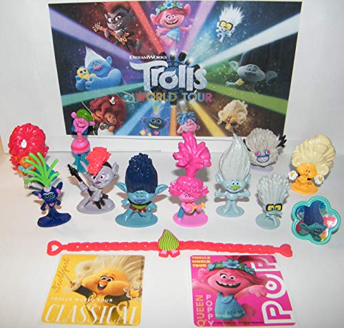 HappiToys Trolls World Tour Movie Deluxe Figure Set of 14 Toy Kit with 10 Figures, 2 Fun Stickers, Bracelet/Ring Featuring Queen Poppy, Branch, Trollex, Trollzart and Many More!