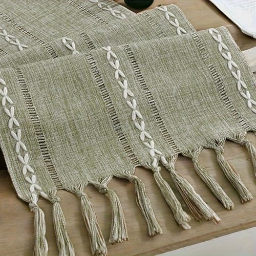 Chemin de table vert rustique brodé décoration table cuisine restaurant 33x200
