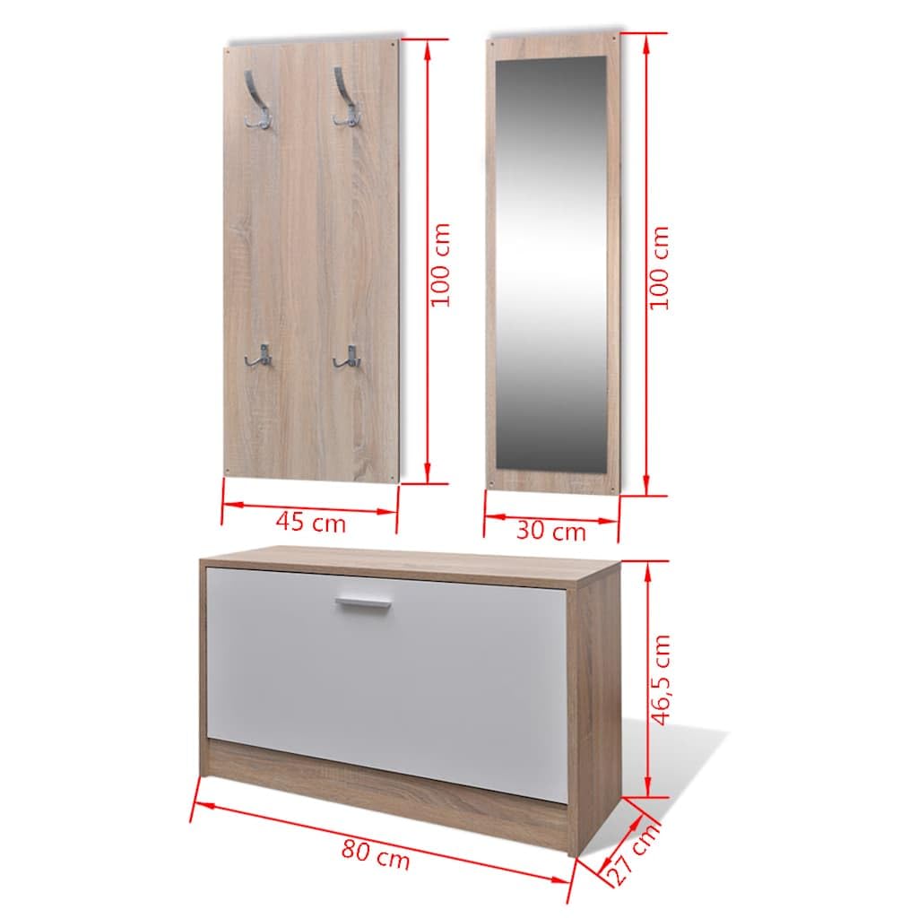 Armario zapatero 3 en 1 con espejo, panel de madera de roble blanco, 80 x 27 x 46,5 cm, soporte para pasillo, entrada y orden