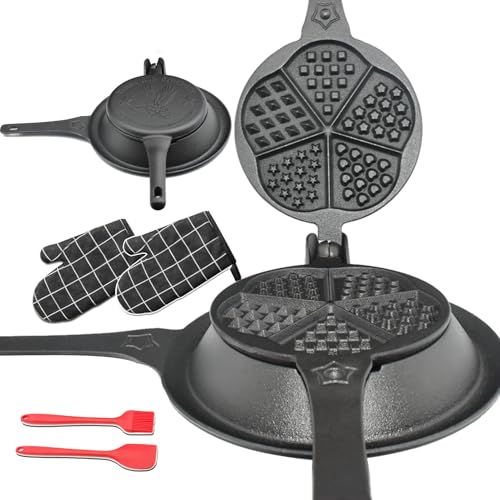 Cast Iron Waffle Maker with Low Base, Retro Waffle Iron with Five Waffles Shapes, Pre-Seasoned Two Piece Hinged Non-Drip Double Rim for Stove Top or Grill Makes (Waffle Irons-1)