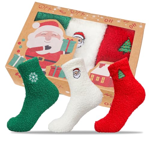 Image of Gloffer Christmas Socks,3 Pairs Soft Fuzzy Socks,Warm Winter Cozy Crew Socks,Colorful Festive Design Gift Socks for Women Men,Novelty Christmas Gifts