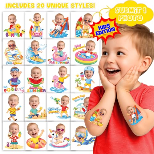 Image of Custom Summer Temporary Tattoos for Kids, Set of 20 | Personalized Pre-Cut Face Photo, Birthday Party Favors, Boys Girls, Summer Vacation