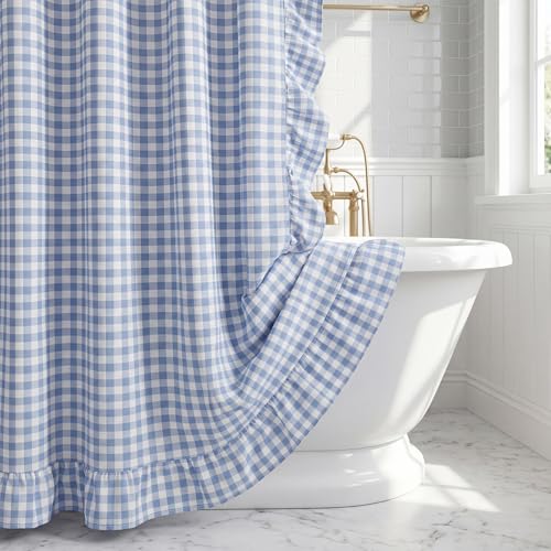 CrystalSylara Gingham Ruffled Shower Curtain 72 x 72 Inches Blue White Check Gingham Shower Curtain with Ruffle Edge Vintage Country Style Fabric Vintage Bath Decor for Farmhouse Bathroom