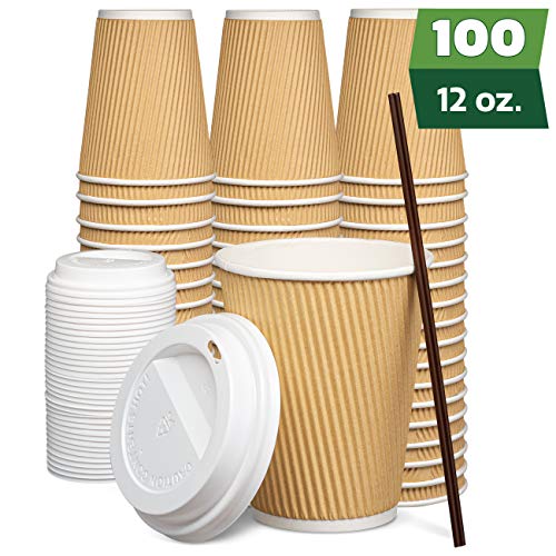[Pack de 100 - 355 ml -12 oz] Vasos aislantes de papel corrugado - Con tapas y agitadores - Para bebidas calientes