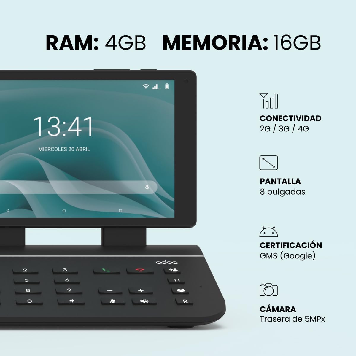 ADOC Telefon stacjonarny bez kabli, 4G D30, HD Voice, Volte, VoWiFi, Tablet wymienny 8", Android 10, Google GMS, Bateria 4000 mAh, Czarny.