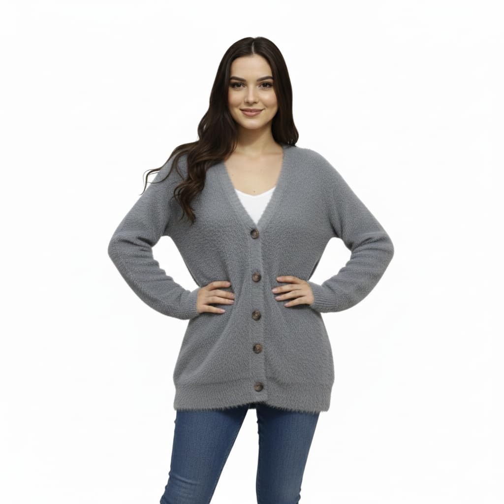 Women's Winter Fluffy Grey Long Sleeve Button Front Cardigan Shoulder 28" Bust 47" Length 28" XL-picture-34