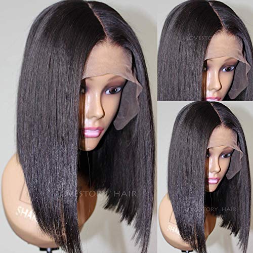 Lovestory Bob Wigs For Women Heat Resistant Short Straight Synthetic Lace Front Wig With Natural Hairline 180 Density 14-16 inch