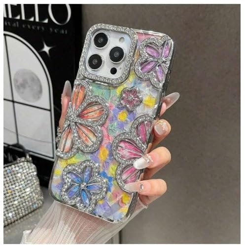 Image of COVERLY Luxury 3D Rhinestone Floral Diamond Bling Phone Case for iPhone 12 Pro - Sparkling Oil Painting Flower Glitter Cover, Electroplated TPU, Cute Camera Protection Cover for Women & Girls (Silver)