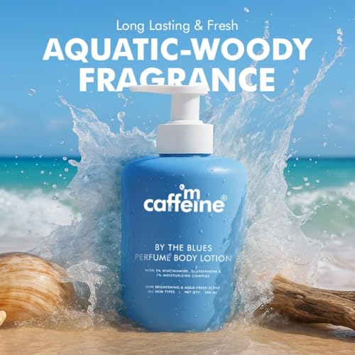 Image of mCaffeine 5% Niacinamide & Glutathione for Brightening & Detan By The Blues Perfume Body Lotion 300ml | | Aquatic-Woody Fragrance | 72H Moisturization| Daily Use Summer Cream Bodylotion for Men & Women | Dry Skin