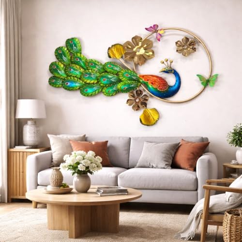 Image of Home And Crafts Iron Multicolor Peacock Metal Wall Art Decor Handcrafted Wall Mounted Sculpture Showpiece Perfect for Living Room Bedroom Kitchen Office (Size 41x25 Inch)