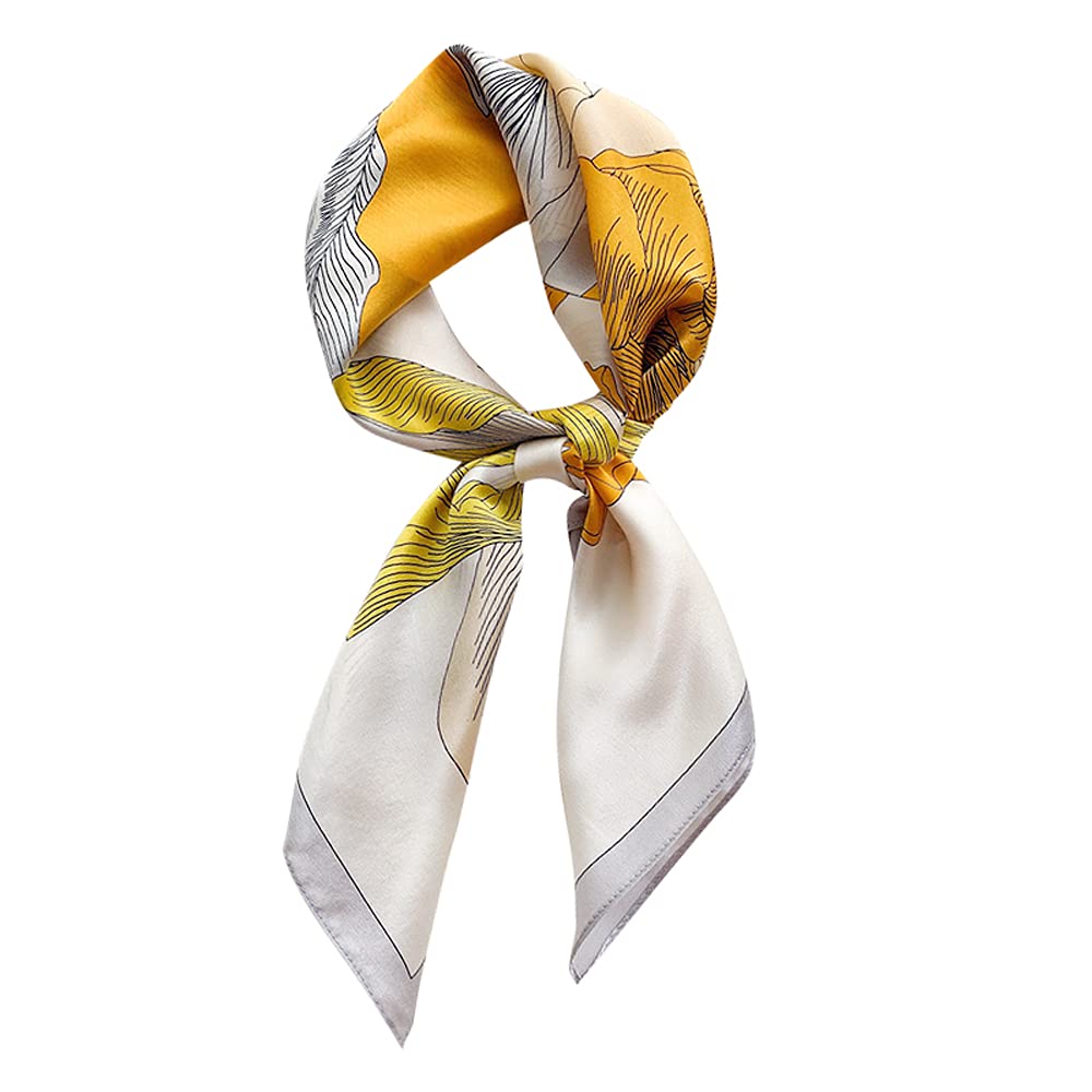 100% Pure Mulberry Silk Square Scarf 27"'x27"-70CM Head Scarf for Women Natural Silk Neckerchief Printed Headscarf, Yellow Flower