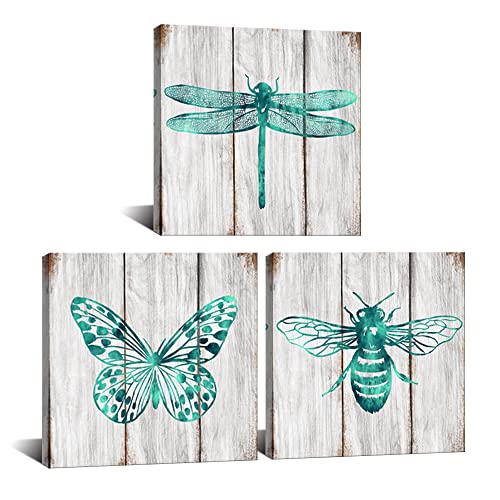 Derkymo 3 Pieces Teal Insect Canvas Wall Art Drangonfly And Honey Bee Pictures For Wall Animal Giclee Artwork Stretched And Framed Ready To Hang 12"X12"X3Pcs #TOP21