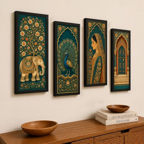 Image of PAINTINGMANTRA Royal Peacock & Elephant Framed Wall Art Painting For Living Room | Traditional Heritage, Peacock, Elephant Painting with Frame for Living Room, Bedroom, Set of 4, Size- 9.5x19.5 In