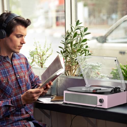 Image of Vinyl Record Player with Speakers Turntable for Vinyls Records 3 Speed 3 Size Belt-Driven Wireless Receiver Portable All-in-1 Vinyl Players for Vinyls Auto Stop Headphone AUX RCA Line Out Pale Pink