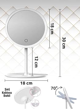3 Işık Modlu LED Makyaj Aynası, Sarı, Beyaz ve Doğal Işık Seçenekli, Dokunmatik Sensörlü Açma,Kapama, Ayarlanabilir Parlaklık, Masaüstü Kozmetik ve Bakım Aynası, Şık Modern Tasarım