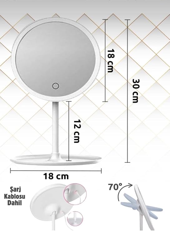 3 Işık Modlu LED Makyaj Aynası, Sarı, Beyaz ve Doğal Işık Seçenekli, Dokunmatik Sensörlü Açma,Kapama, Ayarlanabilir Parlaklık, Masaüstü Kozmetik ve Bakım Aynası, Şık Modern Tasarım