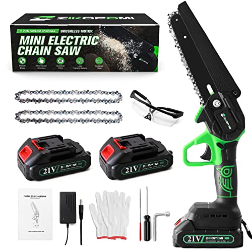 Mini Chainsaw Cordless 6 Inch, Upgraded Brushless Motor Handheld Electric Chainsaw Greatly Improve Power, Battery Powered Small Chainsaw for Trees Branches Trimming Wood Cutting
